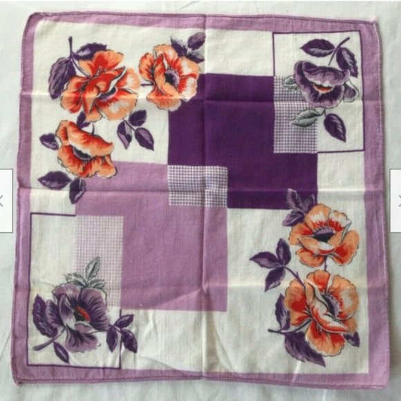 Vintage Floral Print Purple Hanky Handkerchief Geometric Flower Design - Picture 3 of 4
